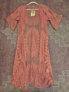 Rebellion again embroidered pink lace open swim suit cover up large Mrs Roper